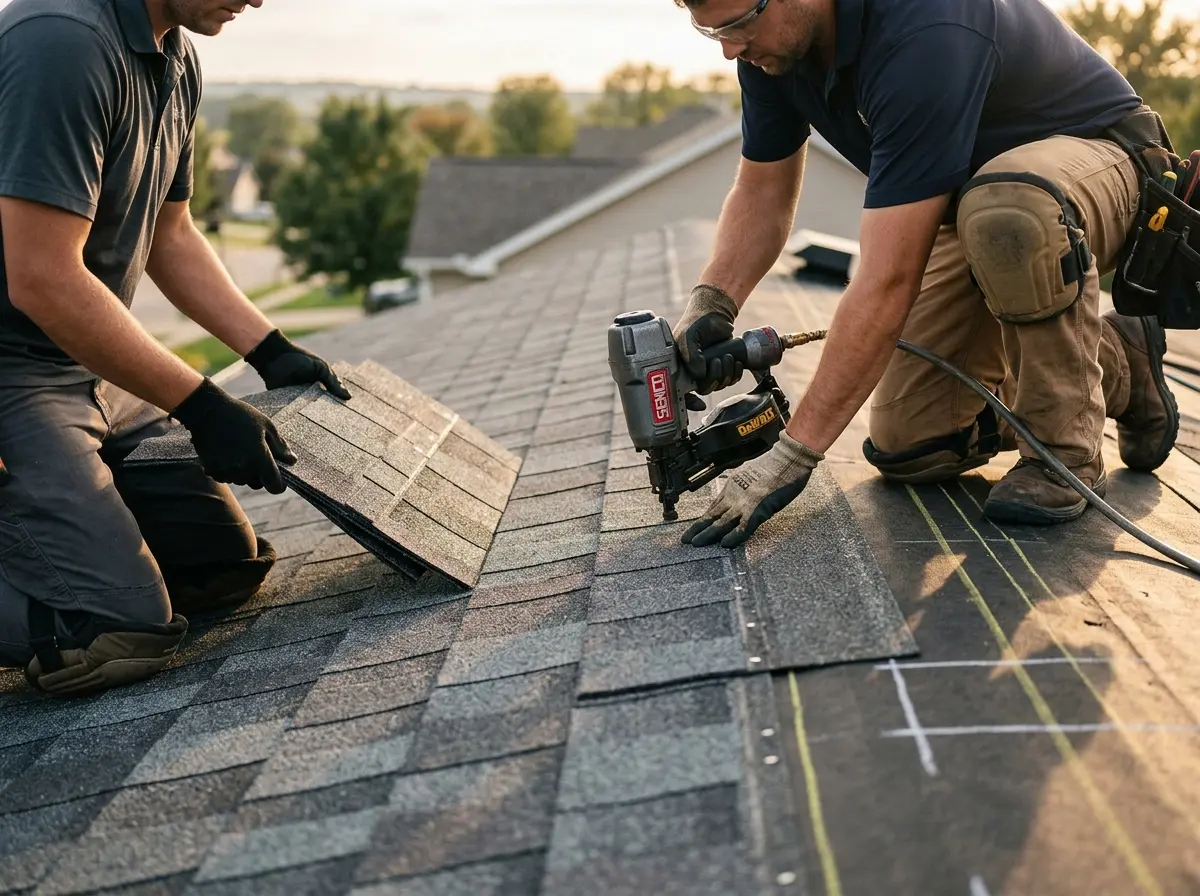 Professional roofer working on a residential roof in Campton Hills